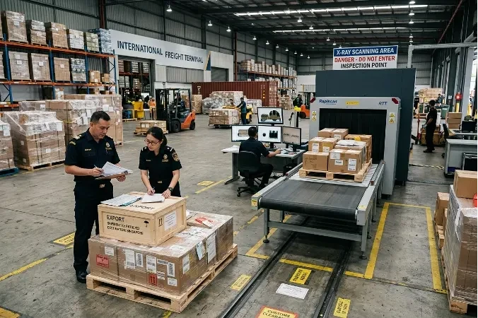 Cargo in the customs inspection area undergoes X-ray security screening.