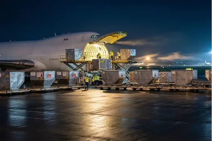 Nighttime loading of international air cargo into the belly hold of a freighter at the airport