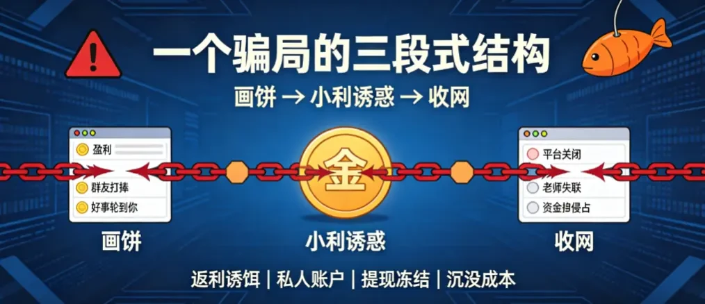 一个骗局的三段式结构：画饼 → 小利诱惑 → 收网 - 爱方得推荐阅读