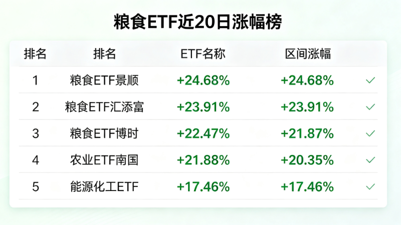 粮食ETF近20日涨20%+,能源化工跟涨17%——大宗商品轮动链条正在延伸