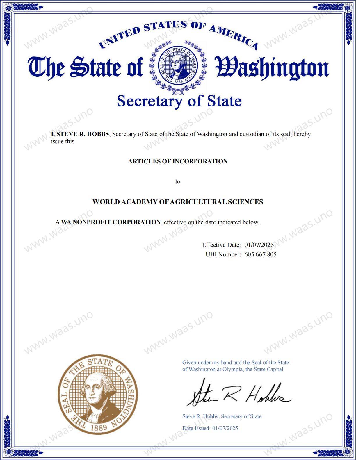 WAAS Articles of Incorporation - State of Washington