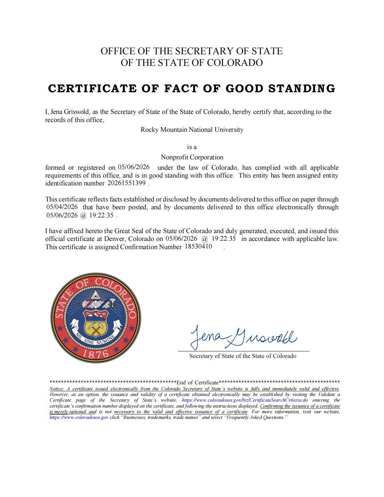 Certificate of Fact of Good Standing - State of Colorado