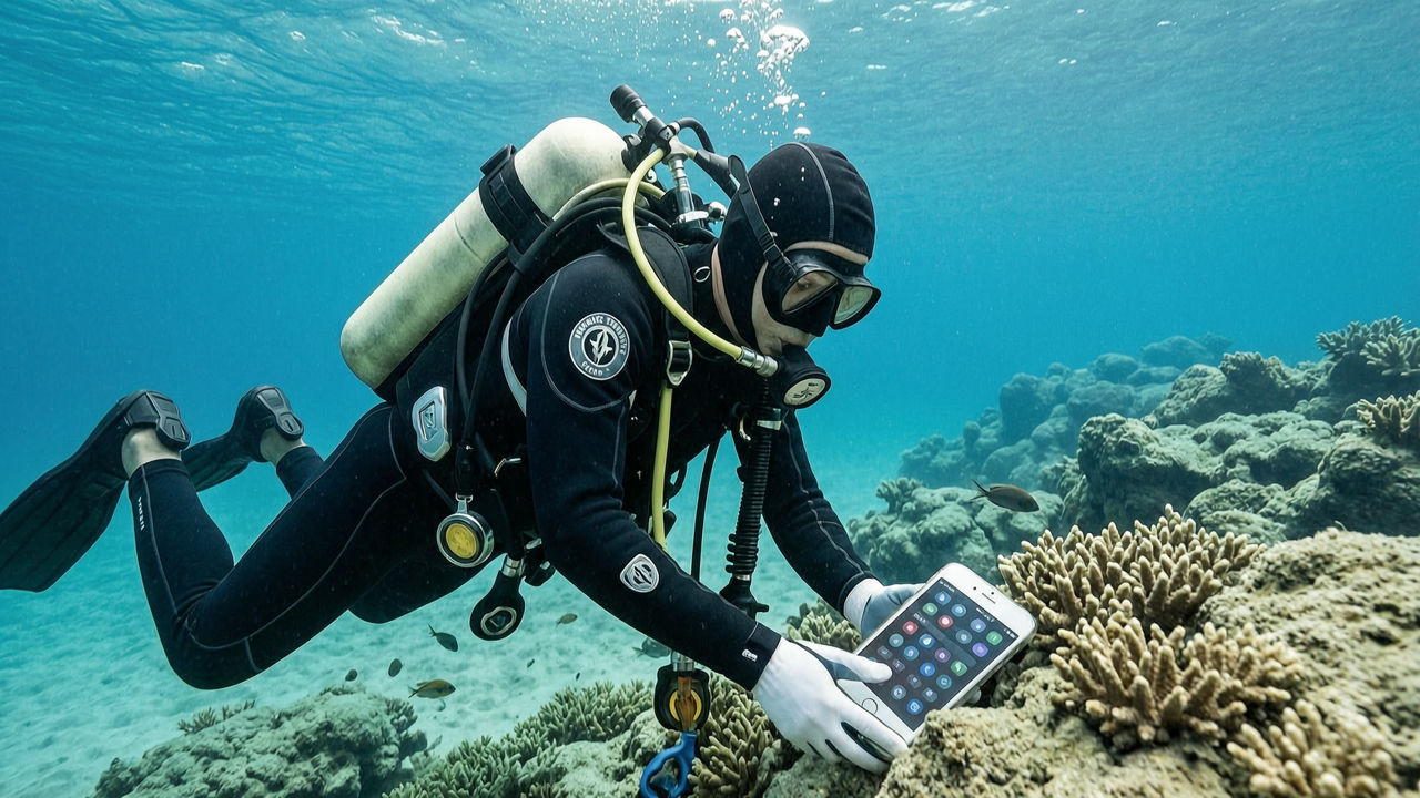 潜水员在水下对沉没物体实施打捞作业