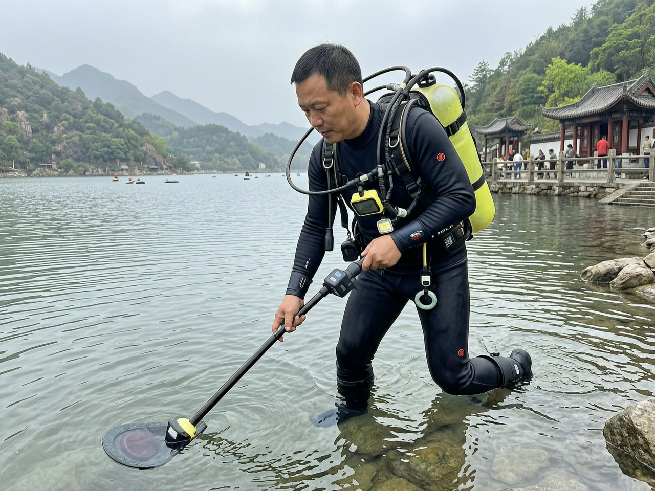 潜水员在水下水草丛中搜寻小型金属物品