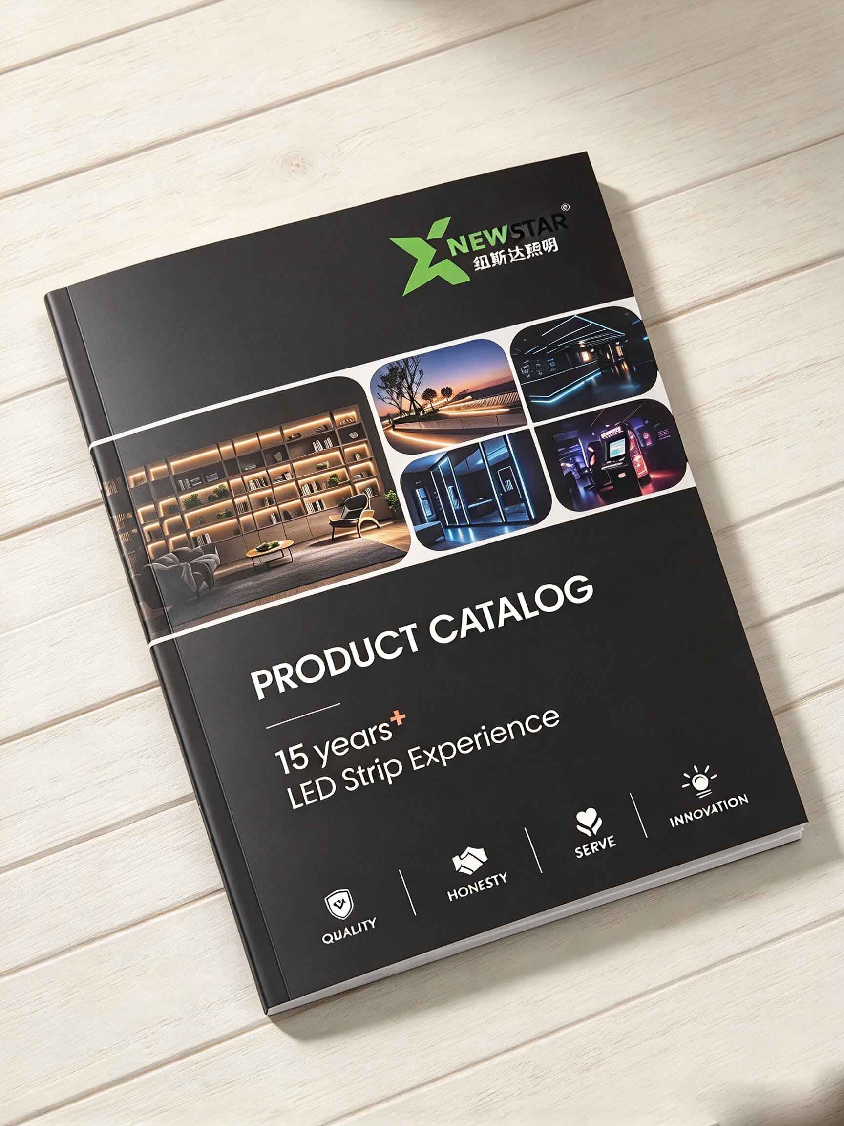 NEWSTAR LED product catalog cover photographed on a white wooden table