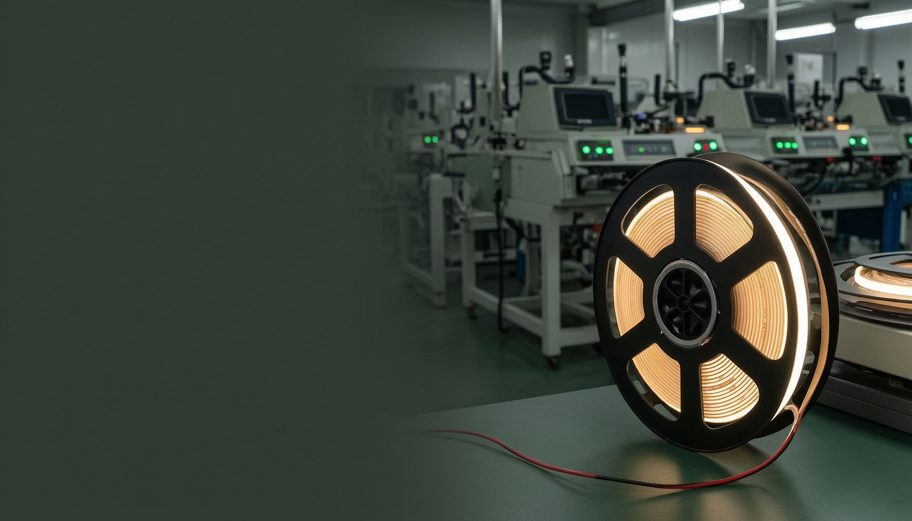 COB LED strip reel glowing on a mass production factory floor