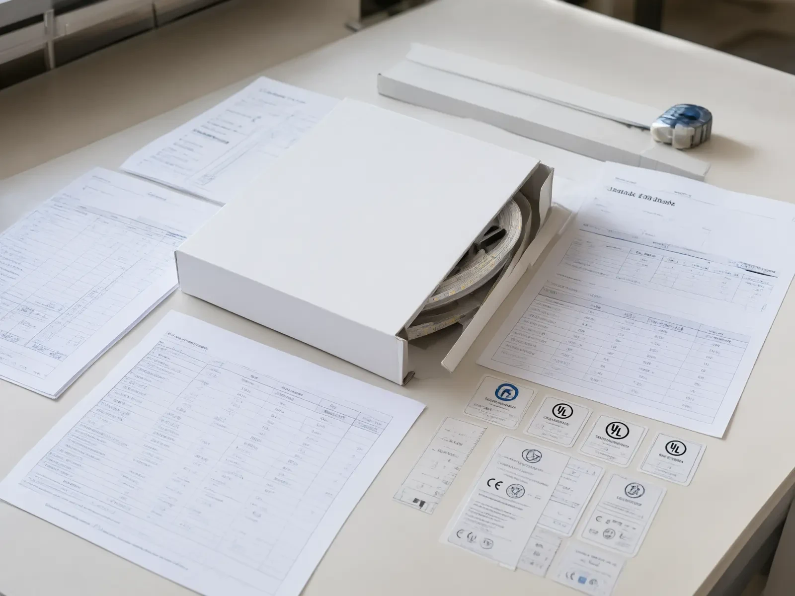 Professional product packaging and technical documentation for COB LED strips