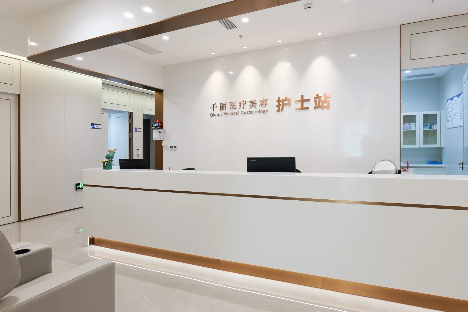 Real-life view of the nursing station and front desk reception area