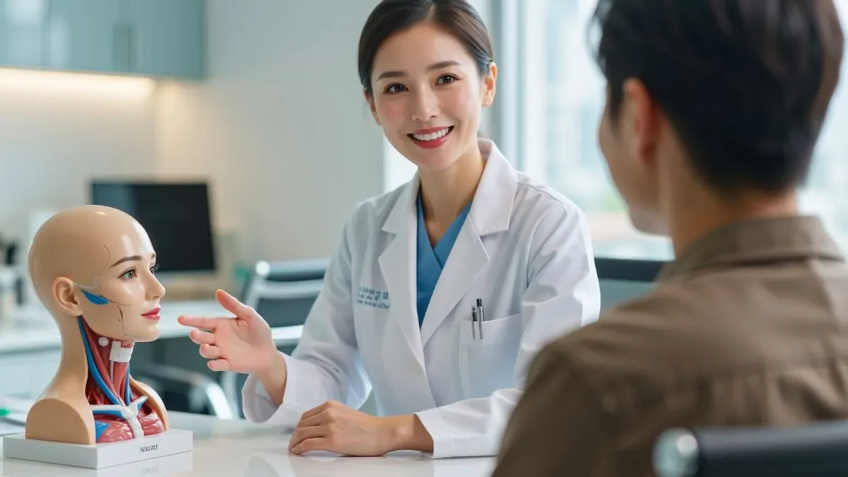 医师使用面部结构模型向求美者讲解鼻部形态设计要点