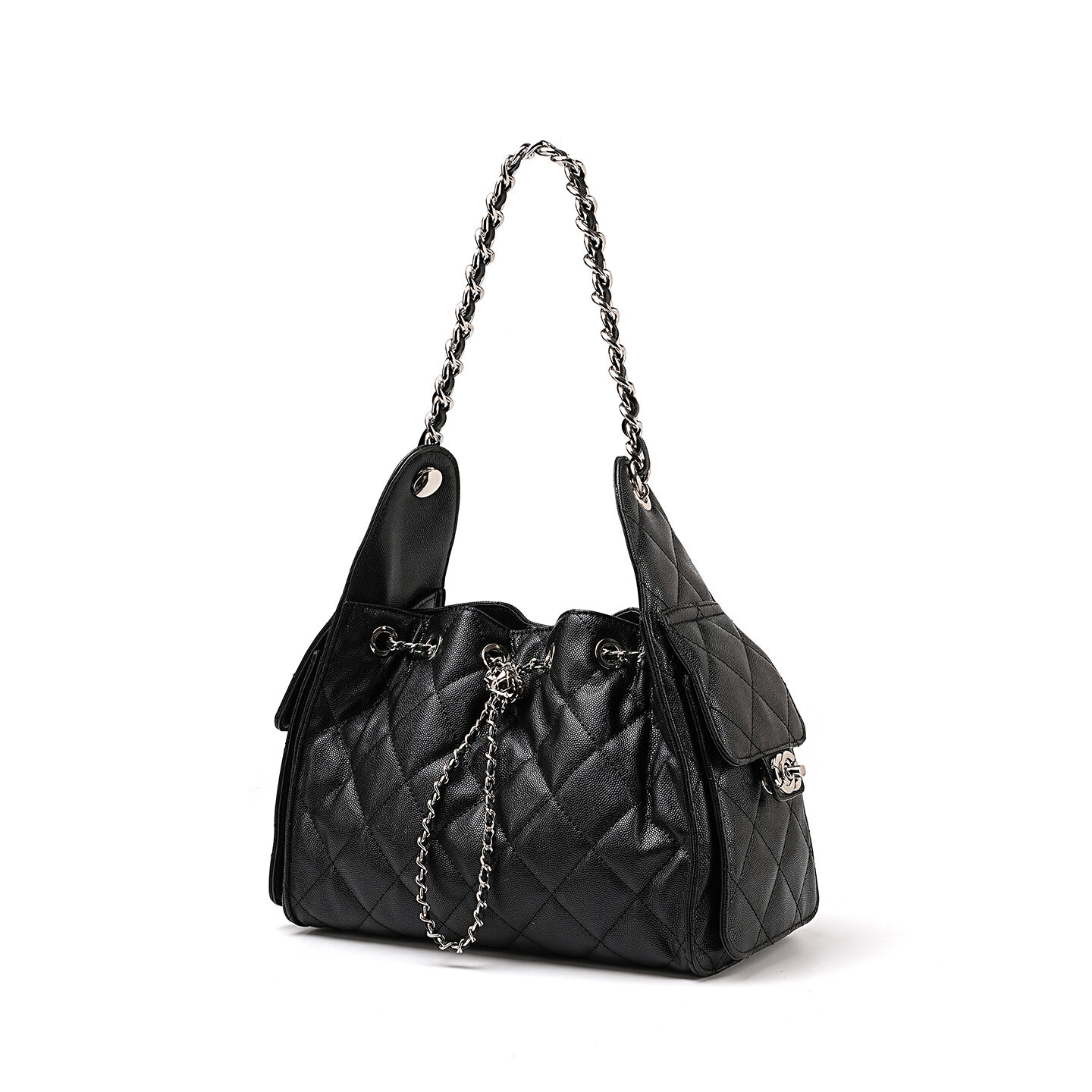Quilted Genuine Leather Shoulder Bag, Caviar-Textured Large Capacity Hobo Bucket Drawstring Chain Crossbody for Women