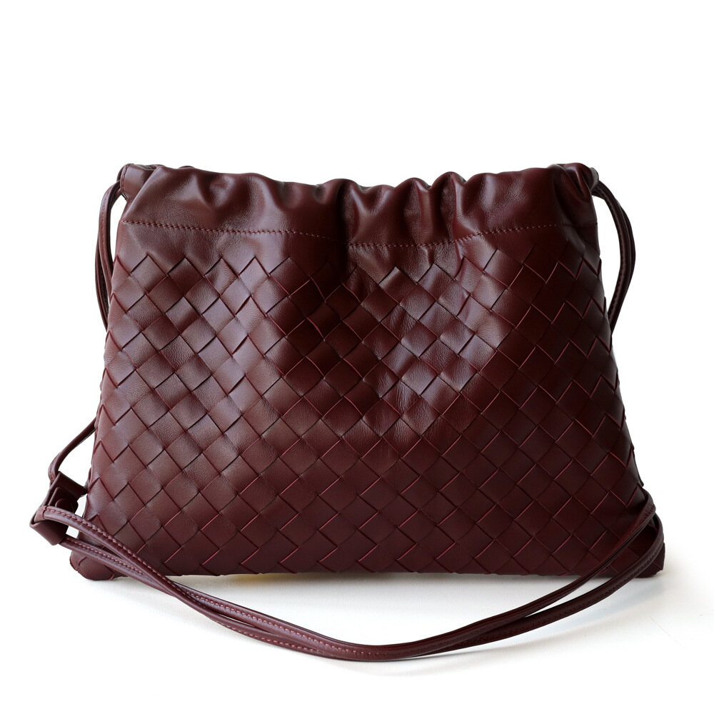 Sheepskin Woven Dumpling Bag Trash Bin Liner Leather Drawstring Shoulder Clutch Crossbody Bag