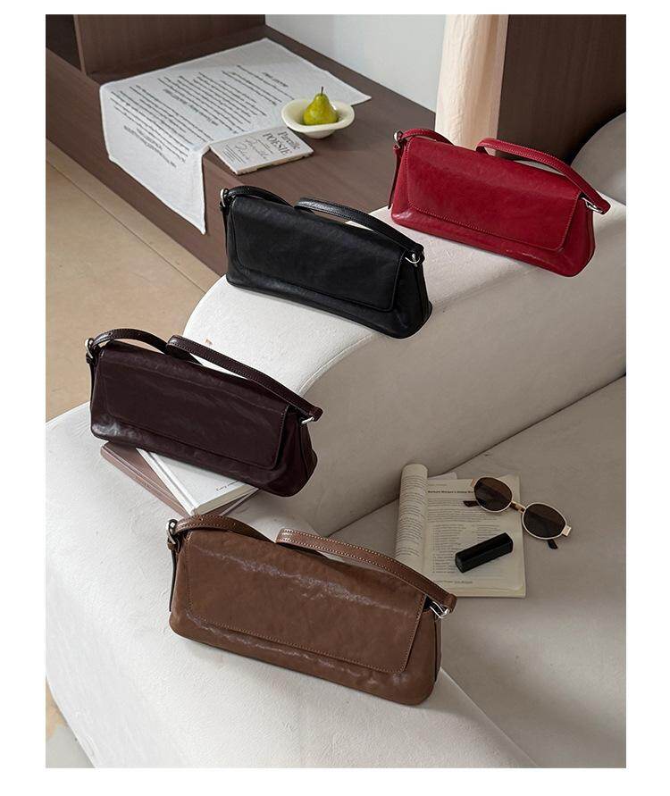 Vintage Soft Baguette Crossbody 2026 | New Vegetable-Tanned Leather Commuter Shoulder Bag – Minimalist & Stylish Genuine Leather Handbag for Women