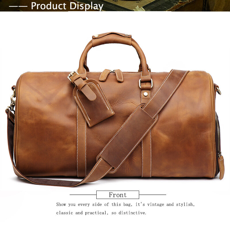 Men's Genuine Leather Travel Tote, Crazy Horse Leather Shoulder & Crossbody Bag for Business Trips and Travel