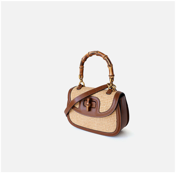 Women's Straw and Leather Tote Bag with Bamboo Handle