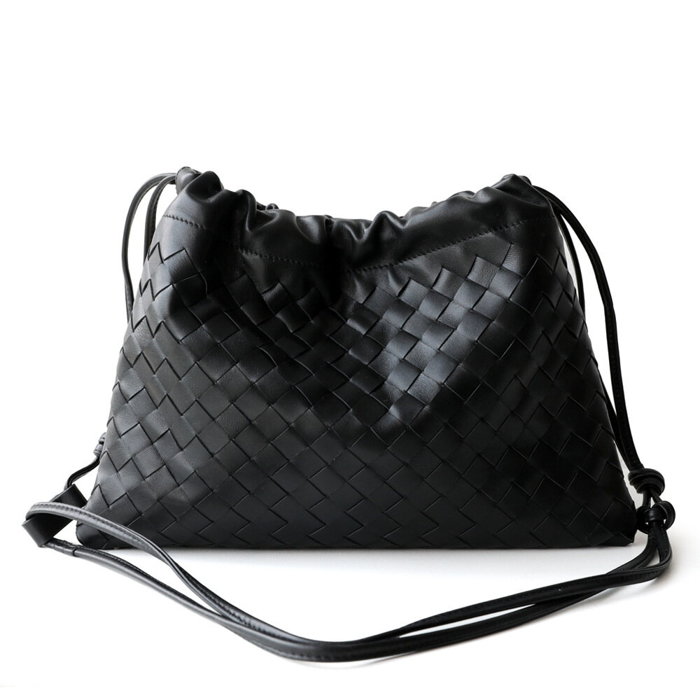 Sheepskin Woven Dumpling Bag Trash Bin Liner Leather Drawstring Shoulder Clutch Crossbody Bag