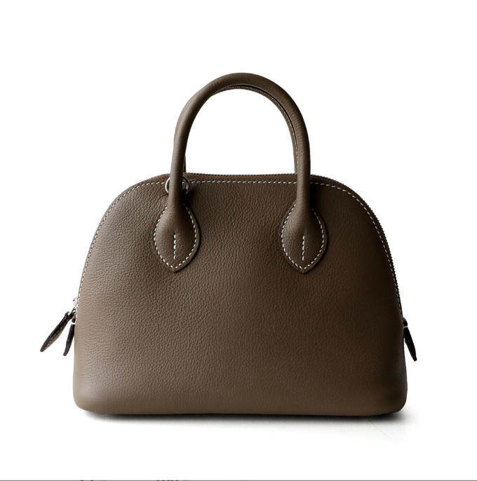 Genuine Leather Mini Bolide Bowling Bag for Women – Handcrafted Half-Handmade Shell Design, Single-Shoulder & Crossbody Carry