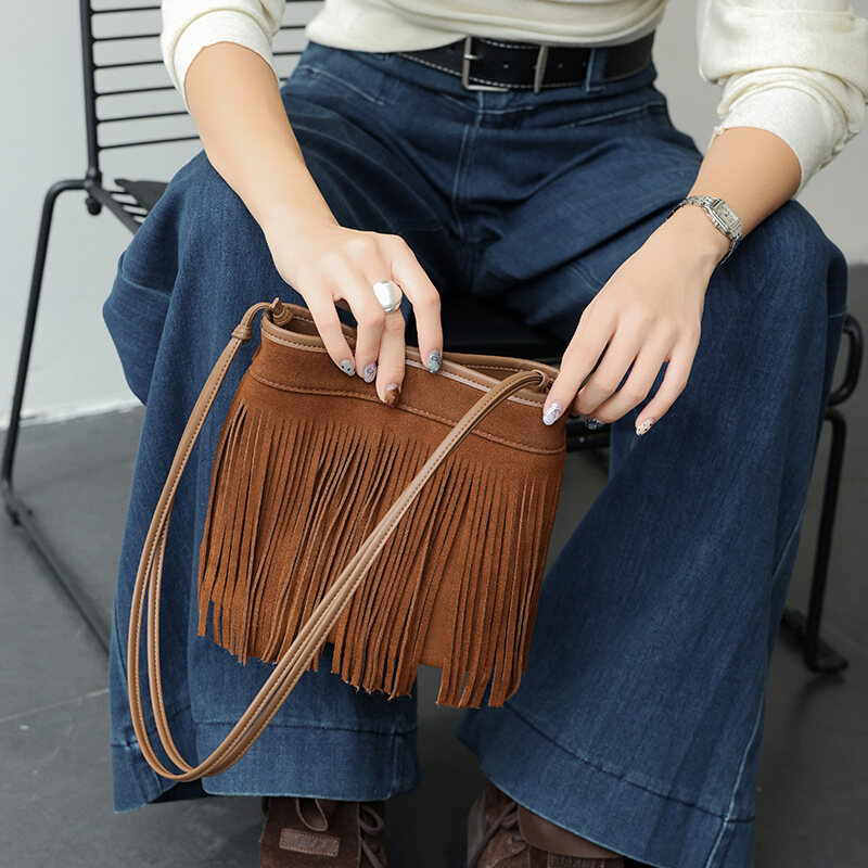 Chic Vintage Tassel Bag 2026 – New Matte Suede & Leather Bucket Bag for Women, Unique Shoulder/Crossbody Style