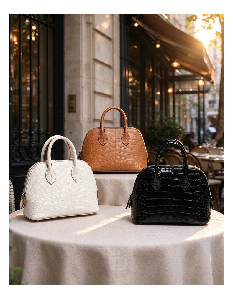 Top-grain crocodile-embossed leather shell bag, genuine leather women's handbag with large capacity for commuting, shoulder and crossbody bowling bag