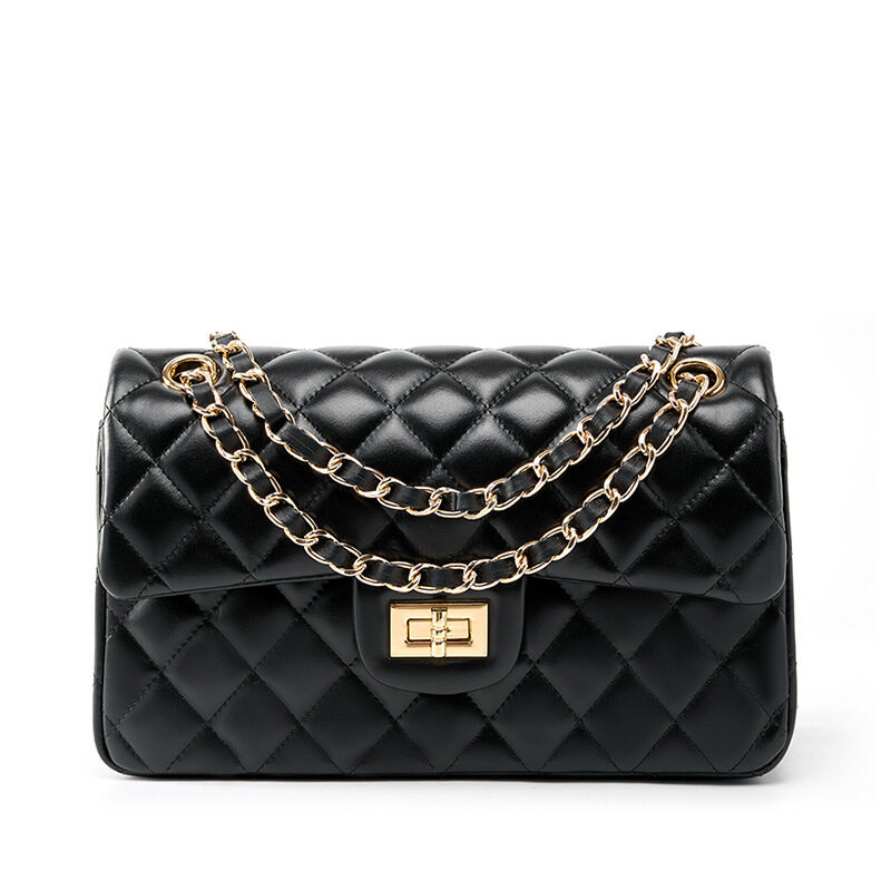 Genuine Leather Top-Grain Herringbone Chain Shoulder Bag for Women – Chic Quilted Crossbody Satchel