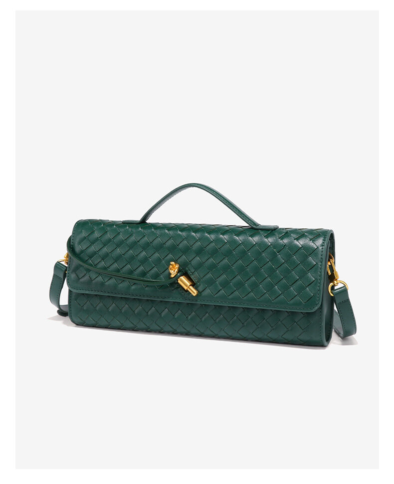 Women's Handwoven Soft Leather Clutch with Gold Buckle | Crossbody & Shoulder Bag for Evening Events | Accordion Style Horizontal Wallet