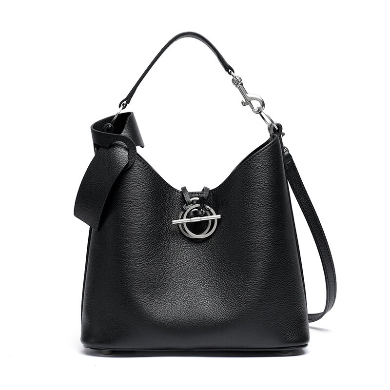 New Arrival: B-Style Genuine Leather Bucket Bag with Ring Detail. Premium Full-Grain Natural Cowhide, High-End Trendy Crossbody for Women.