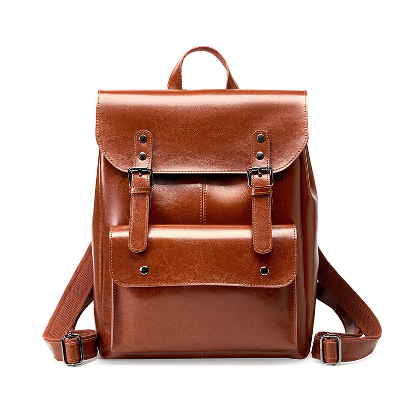 Genuine Leather Women's Backpack, Durable Cowhide Laptop Bag, Preppy Style 14-inch Large Capacity, British Retro Unisex Full Leather