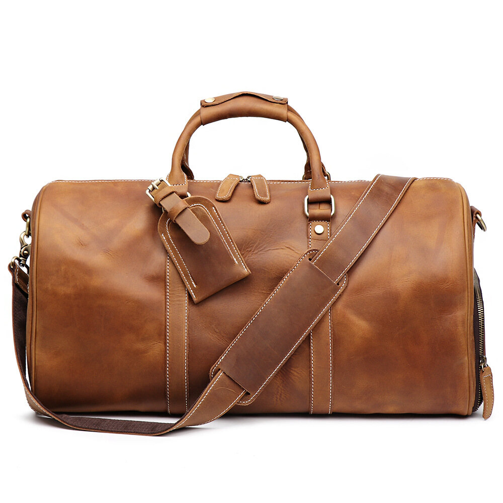 Men's Genuine Leather Travel Tote, Crazy Horse Leather Shoulder & Crossbody Bag for Business Trips and Travel