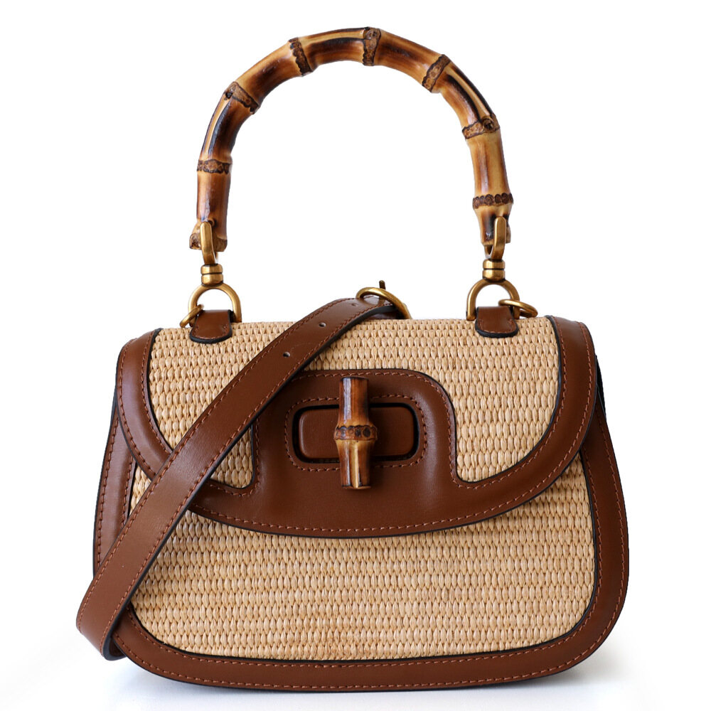 Women's Straw and Leather Tote Bag with Bamboo Handle