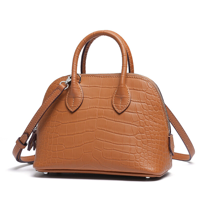 Top-grain crocodile-embossed leather shell bag, genuine leather women's handbag with large capacity for commuting, shoulder and crossbody bowling bag