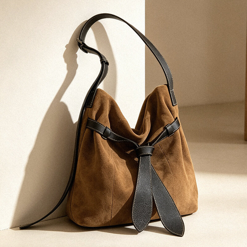 Leather Suede Tie Style Tote Bag