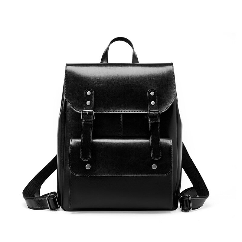 Genuine Leather Women's Backpack, Durable Cowhide Laptop Bag, Preppy Style 14-inch Large Capacity, British Retro Unisex Full Leather