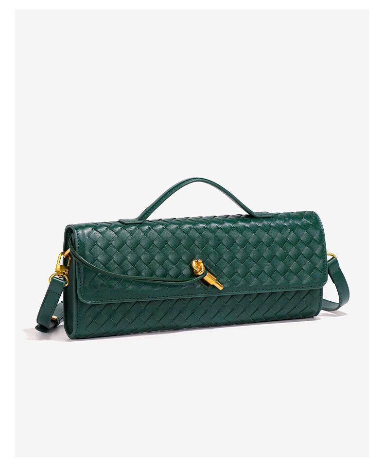 Women's Handwoven Soft Leather Clutch with Gold Buckle | Crossbody & Shoulder Bag for Evening Events | Accordion Style Horizontal Wallet