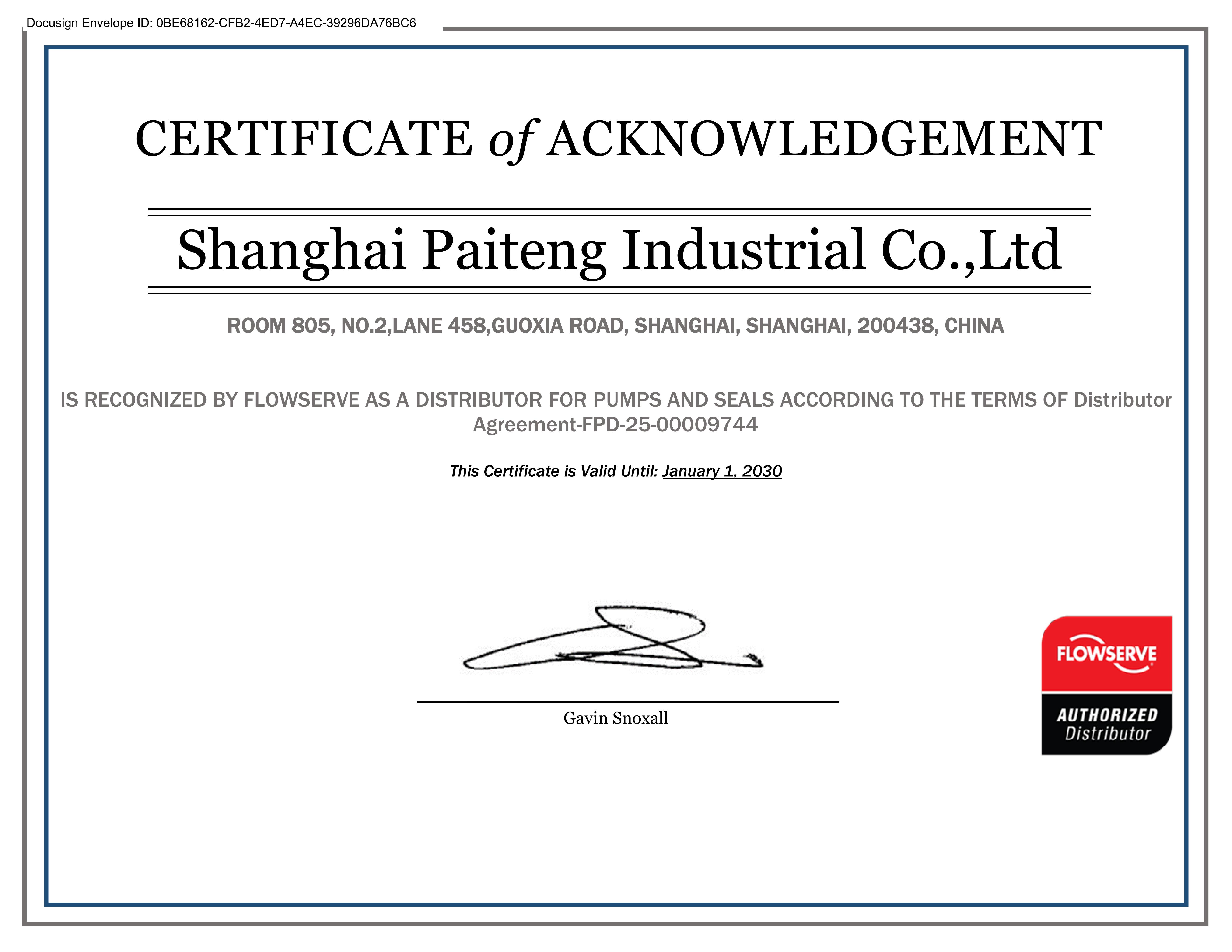 Authorization Letter for Pump and Seal Supplier