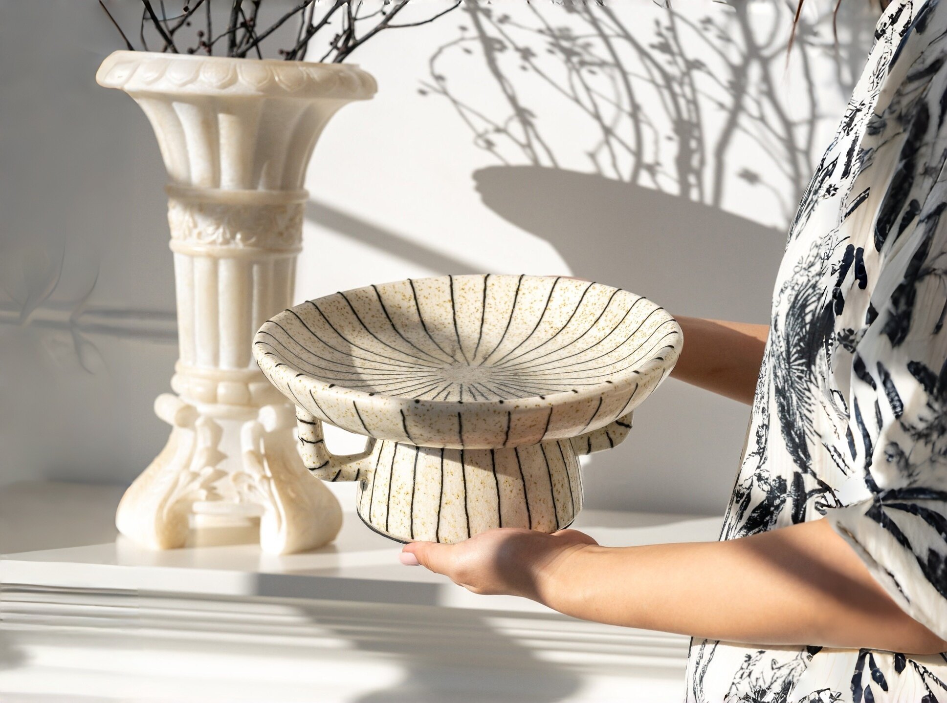 French Striped Two-Handled Tiered Fruit Bowl