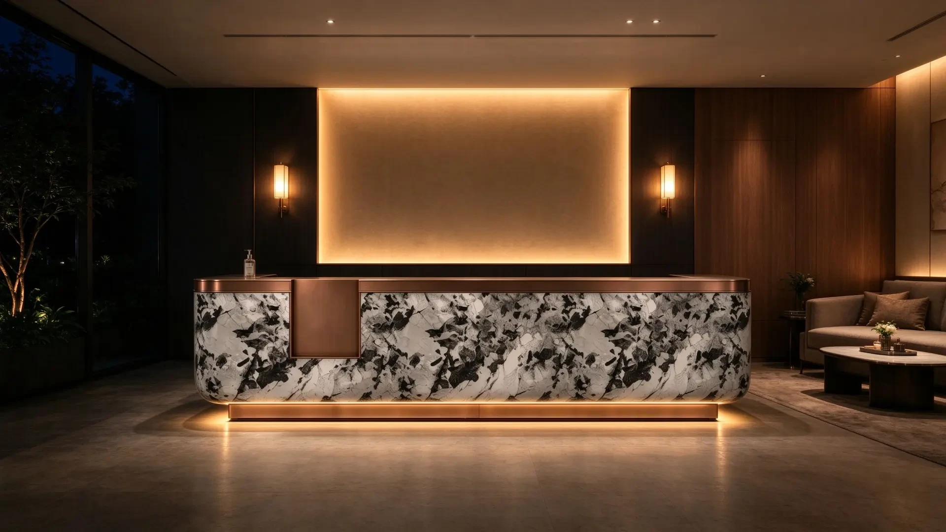 Marble-patterned bronze metal reception desk