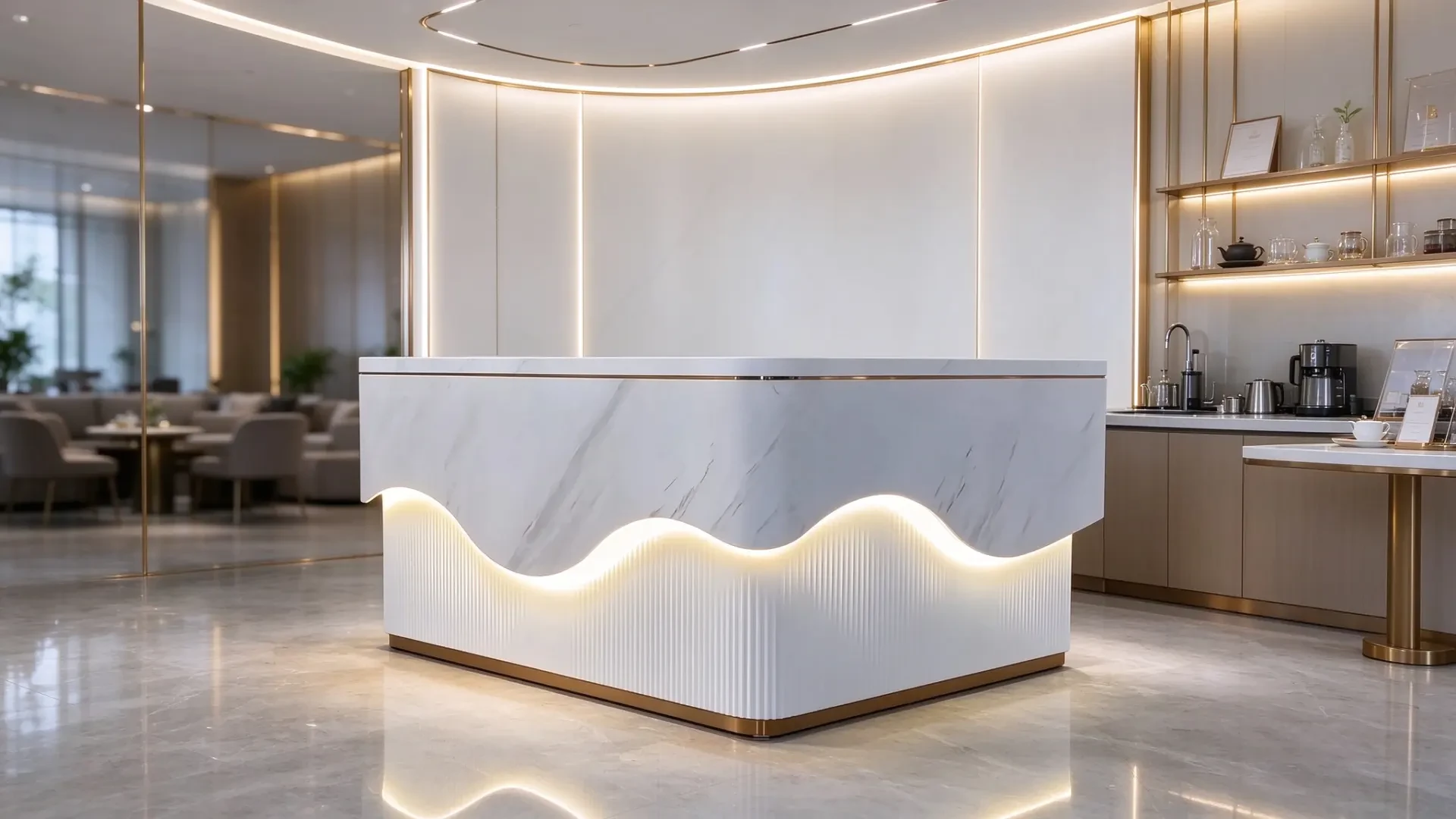 Wave-pattern grille illuminated reception desk 1