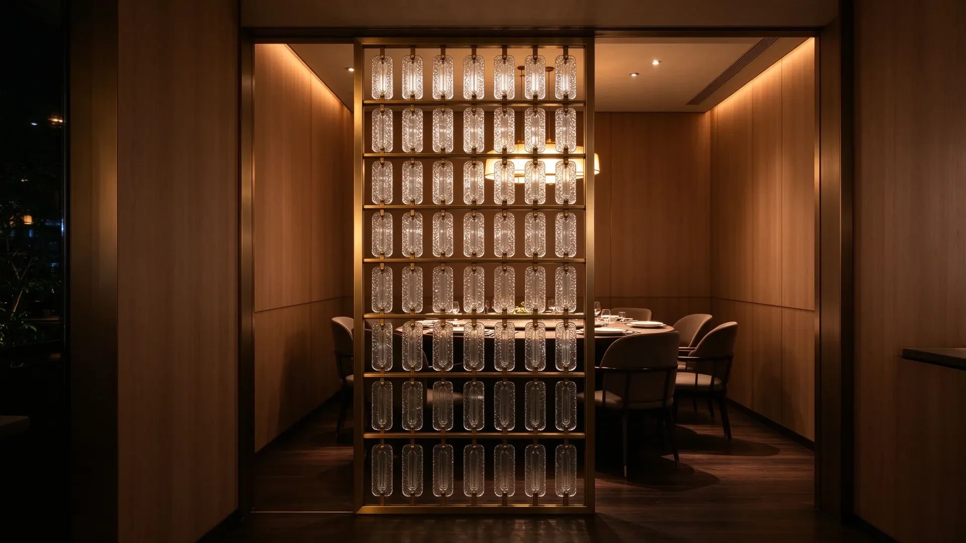 Champagne Gold Metal Frame Embossed Glass Panel Screen