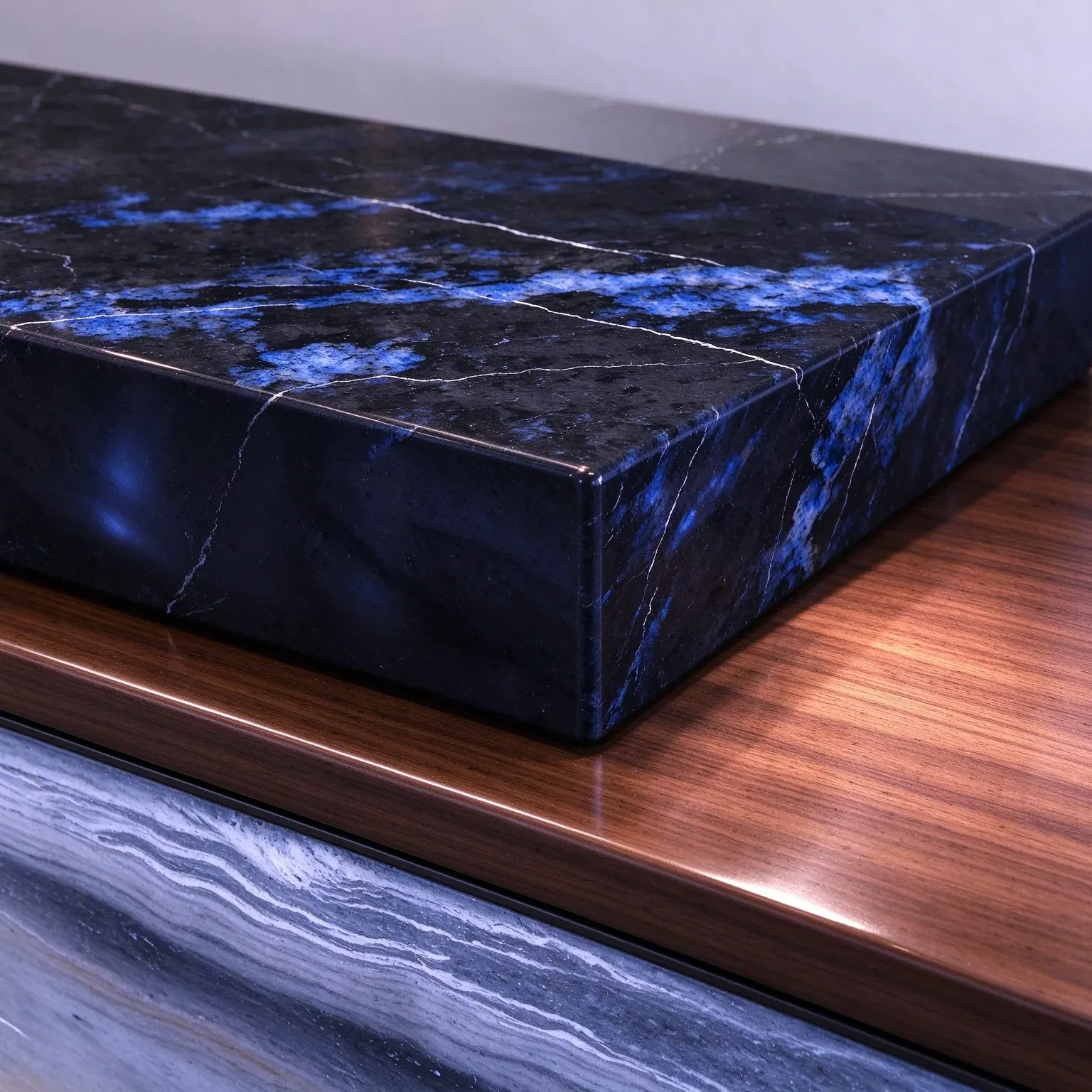 Blue-gray ink-wash pattern luxury stone curved reception desk 4