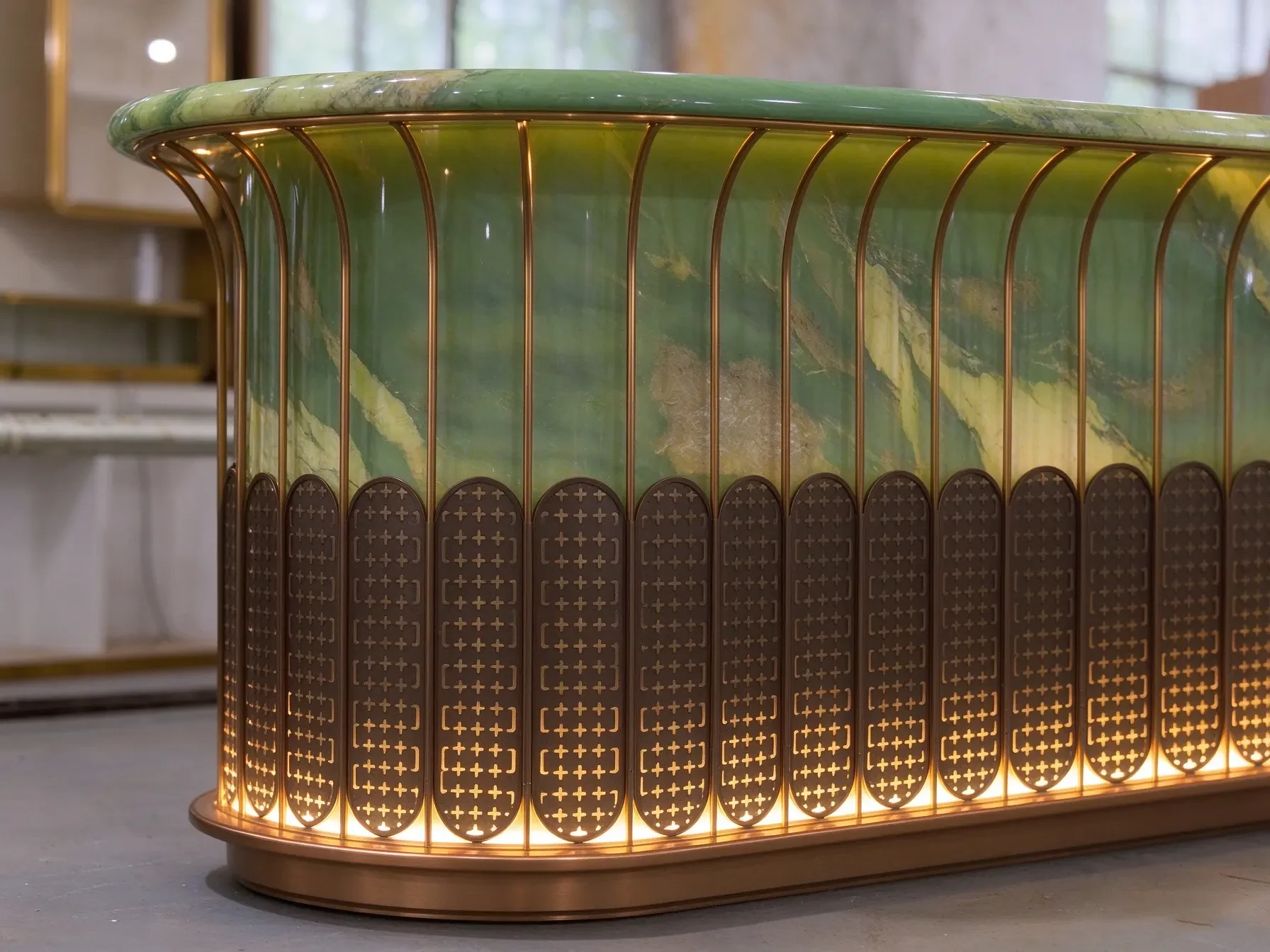 Prada Green Curved Metal Cutout Grille Front Desk 5