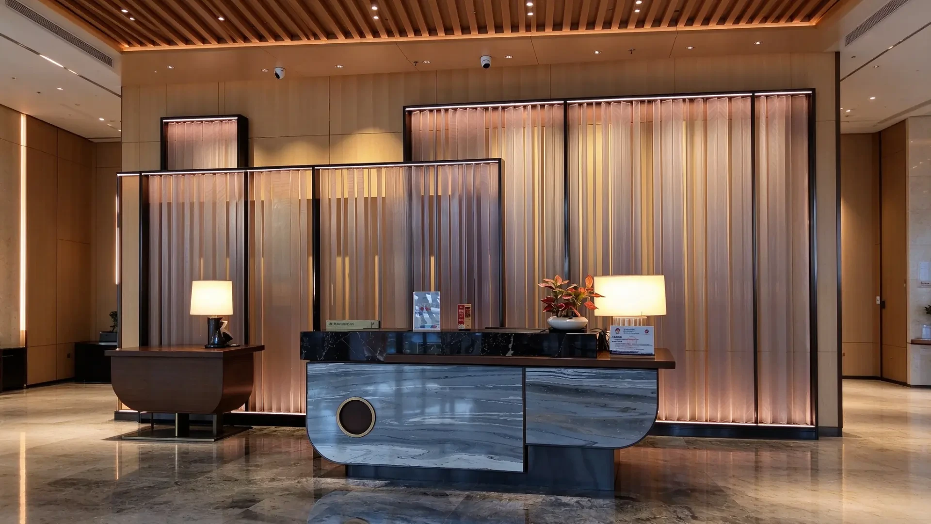 Blue-gray ink-wash pattern luxury stone curved reception desk 1