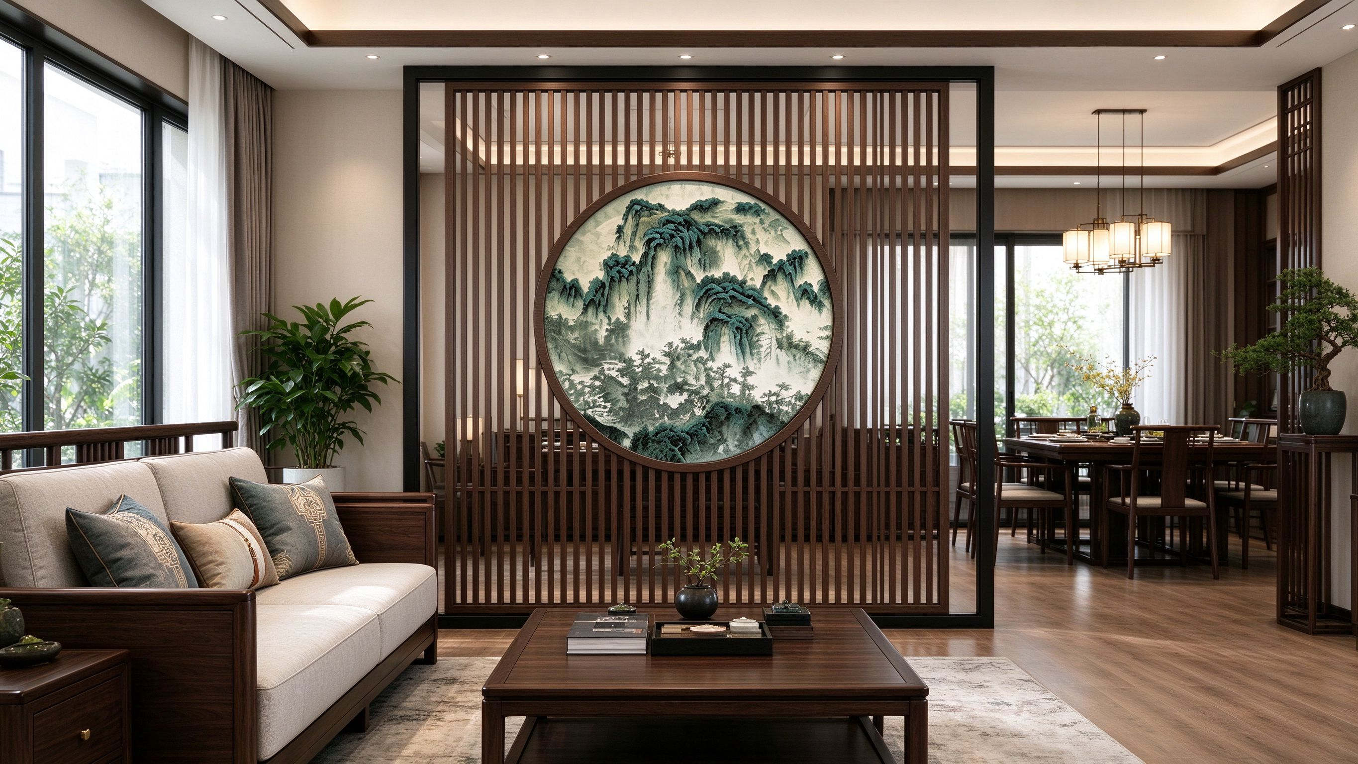Wood lattice screen with blue-green landscape painting