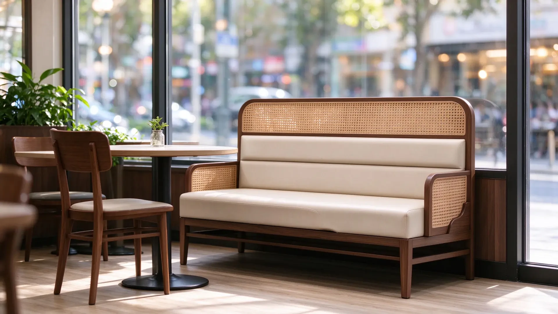 Open-leg wicker two-seater booth