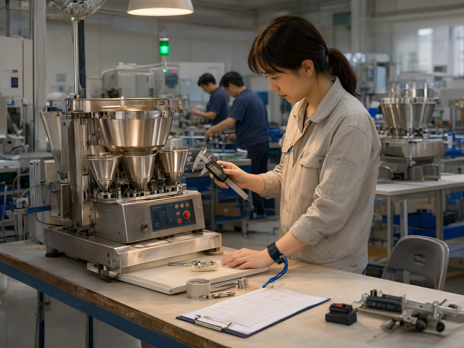 Engineer inspects the combiner scale equipment in the workshop, holding a testing tool.