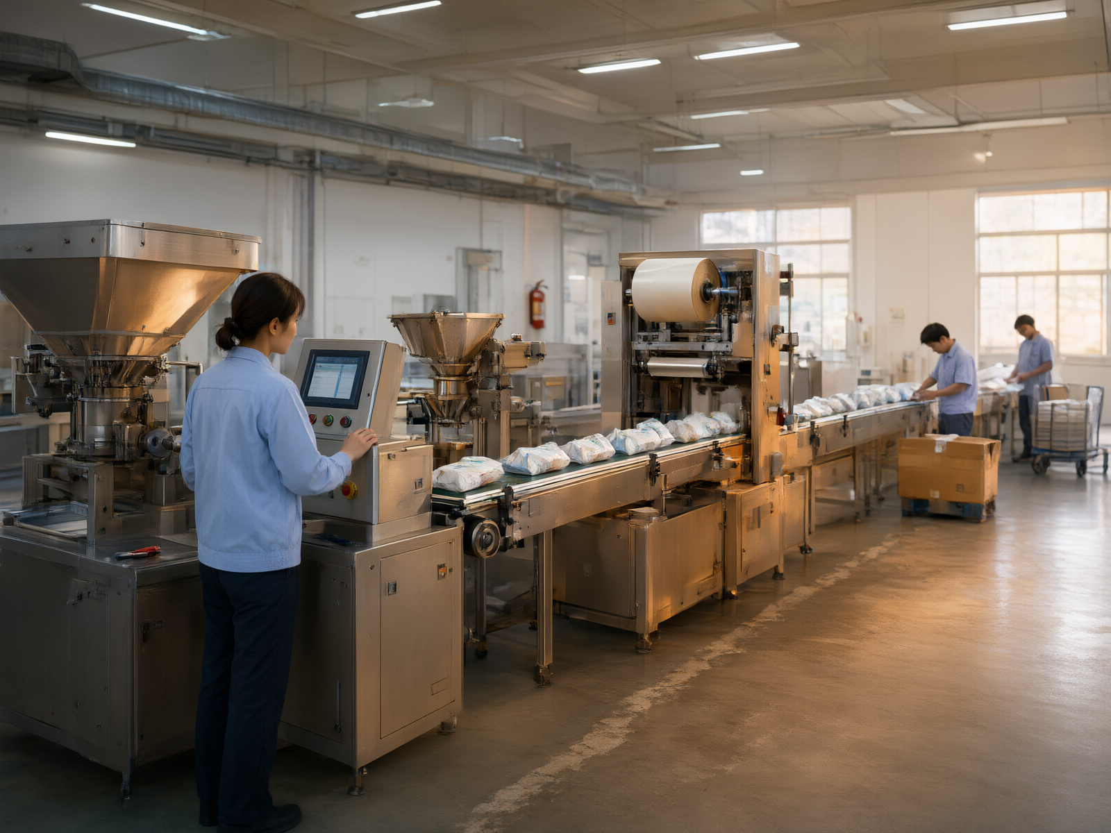Full view of the automated packaging line, featuring a vibratory feeder, linear weigher, vertical sealing machine, and conveyor belt. An operator monitors system operation at the control panel.