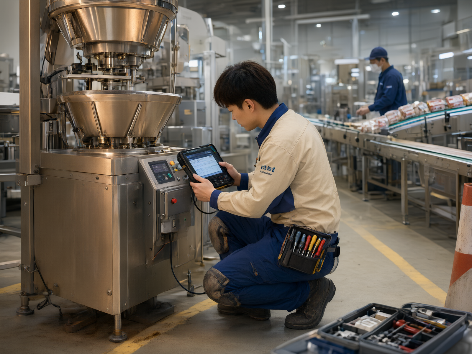 After-sales service engineer maintains the multihead weigher at the customer site.