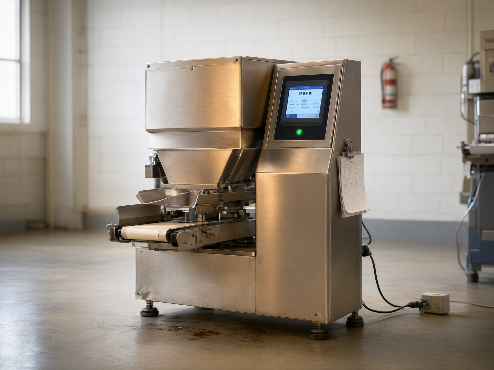 Close-up of the single-hopper linear scale: 304 stainless steel body, vibrating feed tray, and digital control panel displaying the weighing system interface.