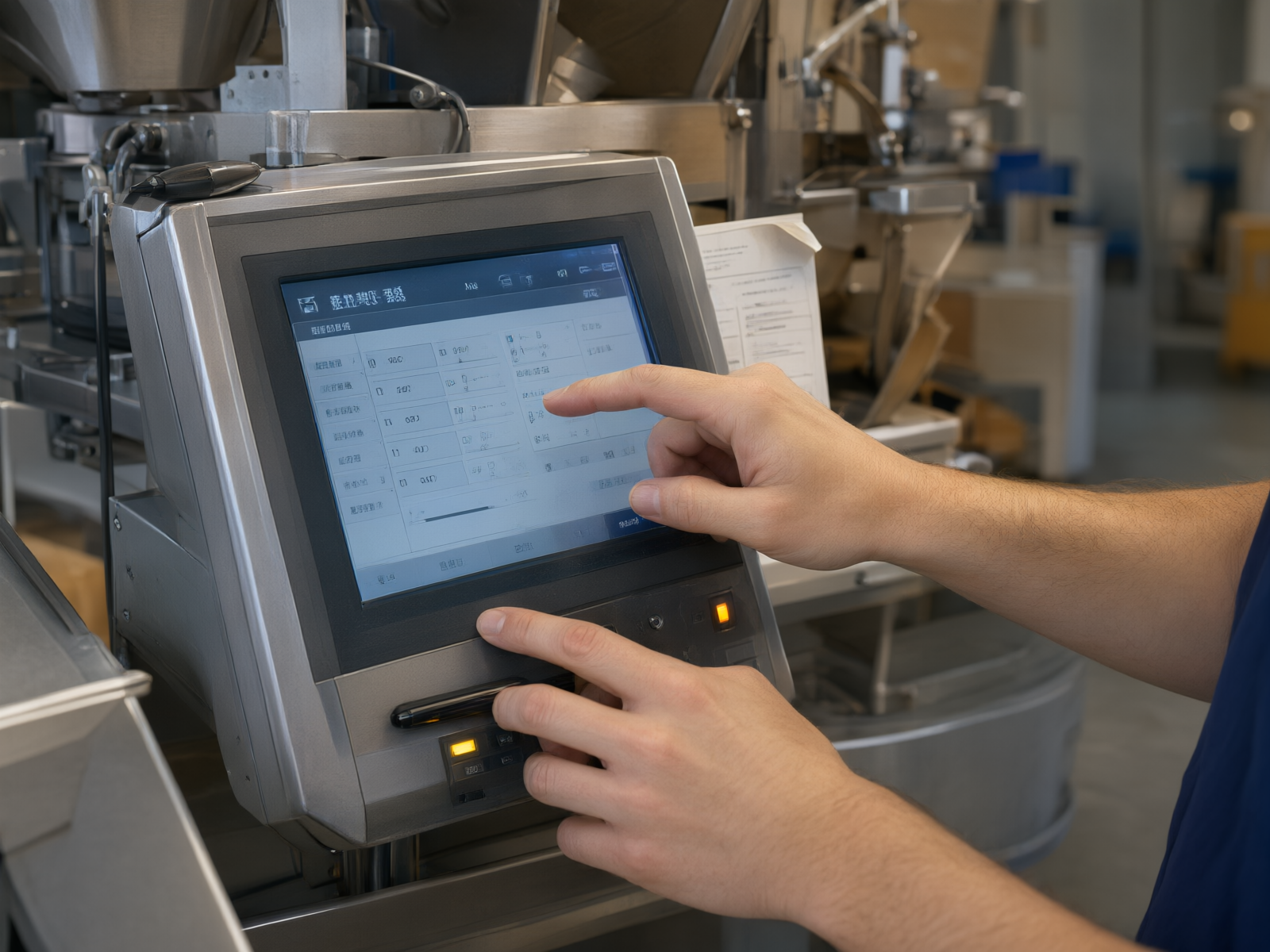 Technician adjusting parameters on the multihead weigher control panel.