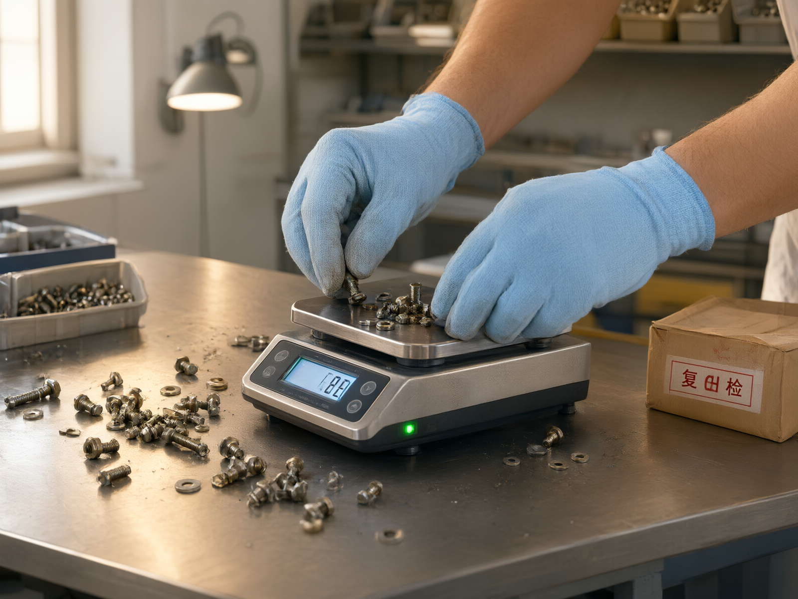 A quality inspector wearing gloves places hardware components on an electronic scale for weighing. Screws and bolts are scattered across the stainless steel workbench.