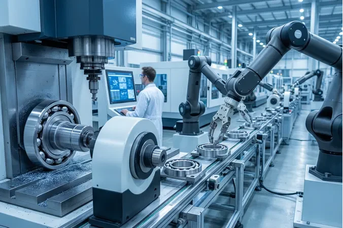 CNC automated production line machining precision bearing rings under cool white lighting