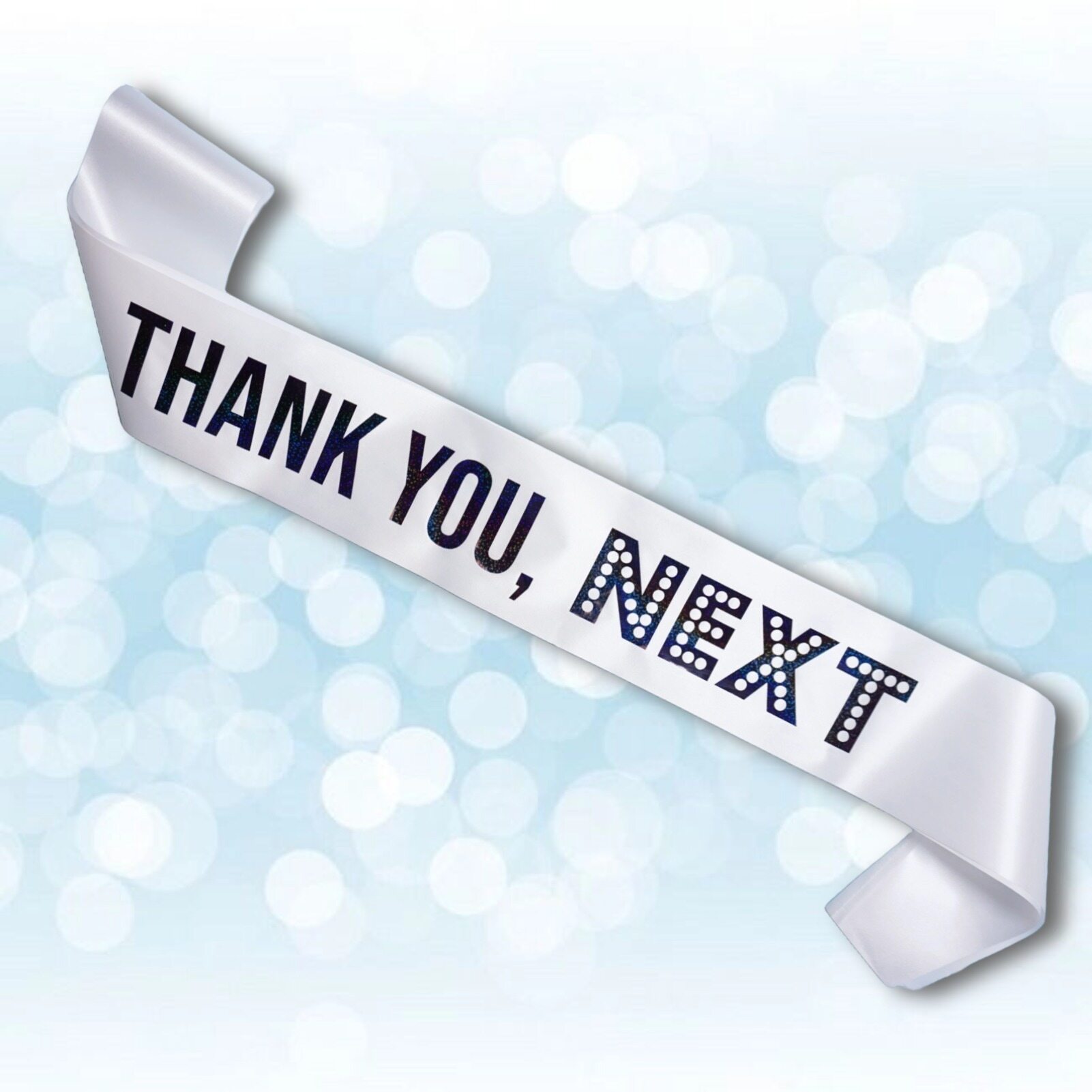 Decorit Thank You Next Sash with White and Black Glitter Metallic Gold